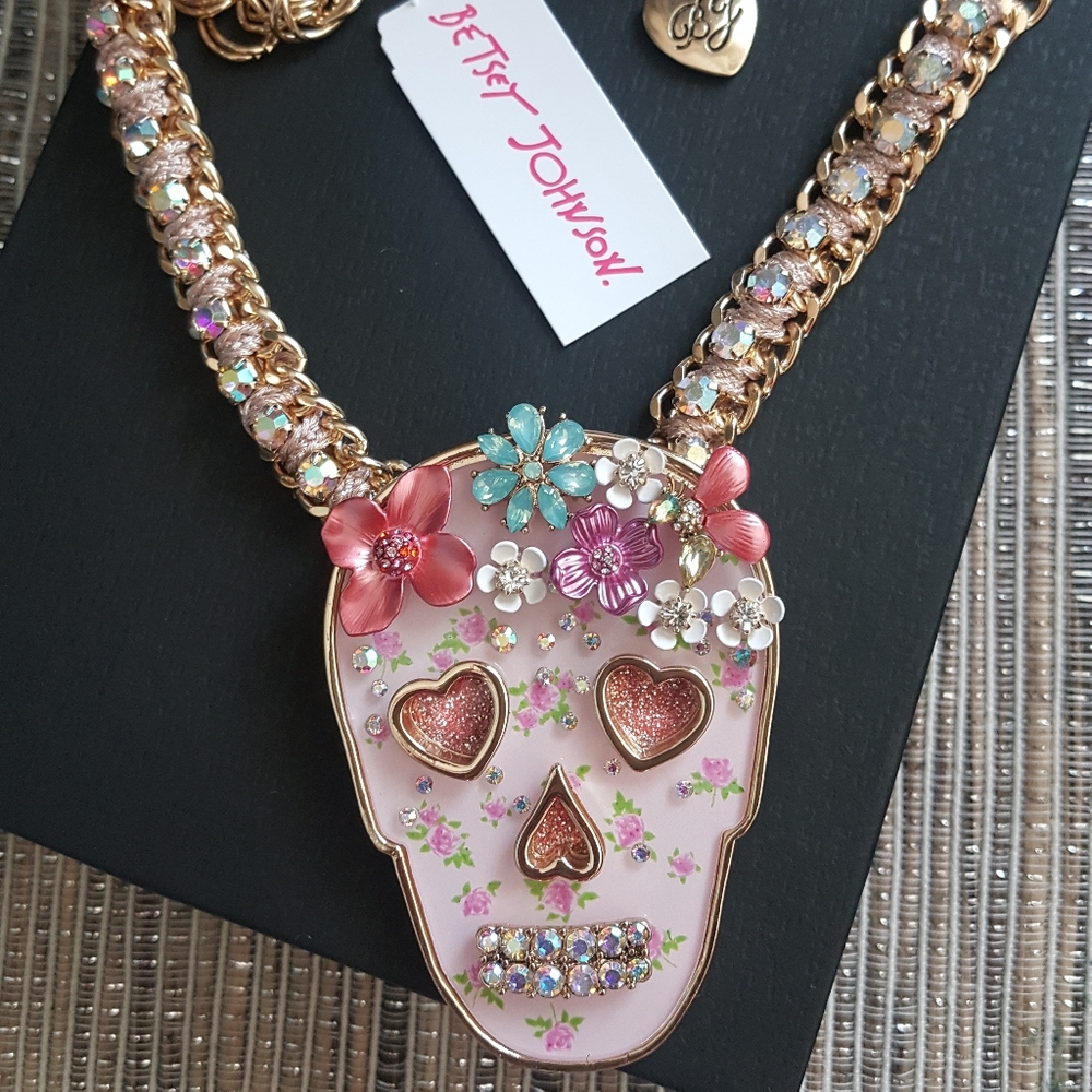 Betsey Johnson Floral pink skull necklace